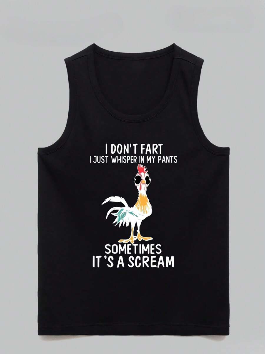 Men's "I Don't Fart" Humorous Design Sleeveless Tank Top - Black Cotton Knit Casual Streetwear With Anime Graphic Print, Round Neck, Machine Washable, Lightweight Summer Fitness Vest - 黑色 - 查看 1