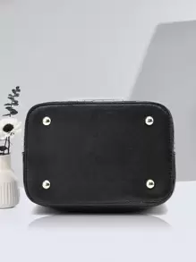 大容量，轻便，便携休闲，时尚迷你鳄鱼压纹顶部手柄水桶包鳄鱼压纹水桶包，仿皮单肩包女士时尚斜挎包 - 黑色 - 查看 8