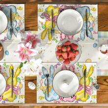 1pc/1set Crayon Drawing Rabbit Linen Placemats, Seasonal Kitchen Table Decor For Party, Banquet, Family Gathering, 12"X18"/13"X72" - Multicolor - View 5