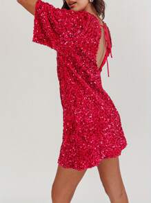 Women's Sequin Dress Casual Loose Sparkly Round Neck Short Sleeve Open Back Tie-Up Mini T-Shirt Dress For Party Club