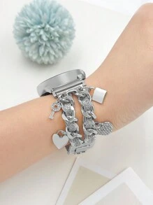 1pc Rhinestone Heart Key Lock Women's Multifunctional Zinc Alloy Leather Strap Compatible With Samsung Smart Watch Strap/Band 20mm 22mm, 20mm 22mm Metal Bracelet Strap, Gift