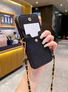 1 Set Black Leather Grain Shoulder Bag With Chain + Black Straight Edge Perforated Anti-Drop Phone Case Compatible With Apple///Redmi//OPPO/VIVO//Transsion