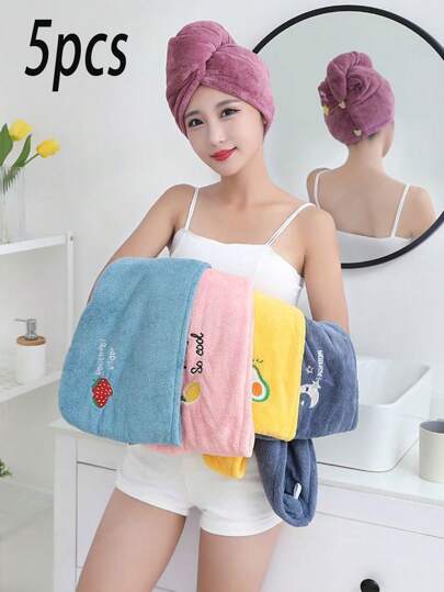 SHEIN X Milania Coral Fleece Hair Drying Cap, Cute Embroidered Soft Absorbent Quick-Drying Single-Layer Shower Cap, Cartoon Style, For Women