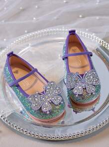 1 Pair Girls Rhinestone Bow Flats, Children Glitter Leather Slip-On Princess Dress Shoes, Soft Bottom Anti-Slip Suitable For Daily Outfit, Party, Dance, All Season - Purple - View 4