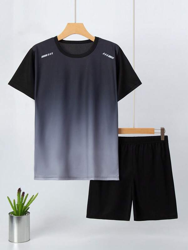 Set de 2 piezas de ropa deportiva para adolescentes varones, camiseta de manga corta con malla degradada + pantalones cortos, adecuado para baloncesto, fútbol, correr