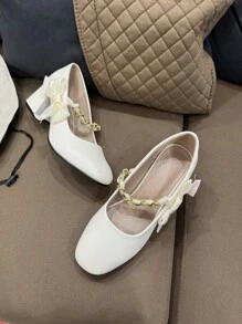 Teens' Square Toe Heeled Shoes, Fashionable, Elegant, Comfortable Soft Material, Ribbon & Pearl Design, Basic Style Suitable For Various Occasions - Beige - View 7