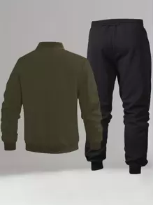 男士巴黎字母图案和彩色条纹印花飞行员夹克，配有松紧腰慢跑裤，两件套，适合春秋季休闲户外日常穿着 - 彩色 - 查看 3