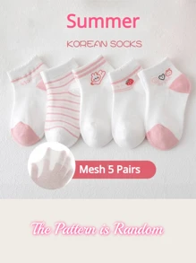 10 双粉色和白色可爱心形图案女孩春夏透气网眼袜儿童袜子