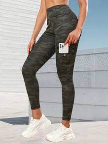 Summer Workout Women's Camouflage Pattern Outdoor Cargo Leggings, Pockets Enhancing Butt Tight Pants, Sports Yoga Tight Pants Spring - Dark Grey - View 3