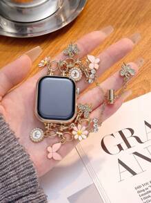1 条 Apple Watch 表带 Apple Watch 表带女式金色和粉色手链，奢华蝴蝶水钻表带，兼容 Apple Watch 38/40/41/42/44/45/46/49mm，兼容 Apple Watch Ultra/SE/Series 10/9/8/7/6/5/4/3/2/1，带蝴蝶图案/雏菊/皇冠吊坠，伸缩抽绳设计，卡通可爱，时尚精致，可用作日常使用或生日礼物 - 玫瑰金 - 查看 8