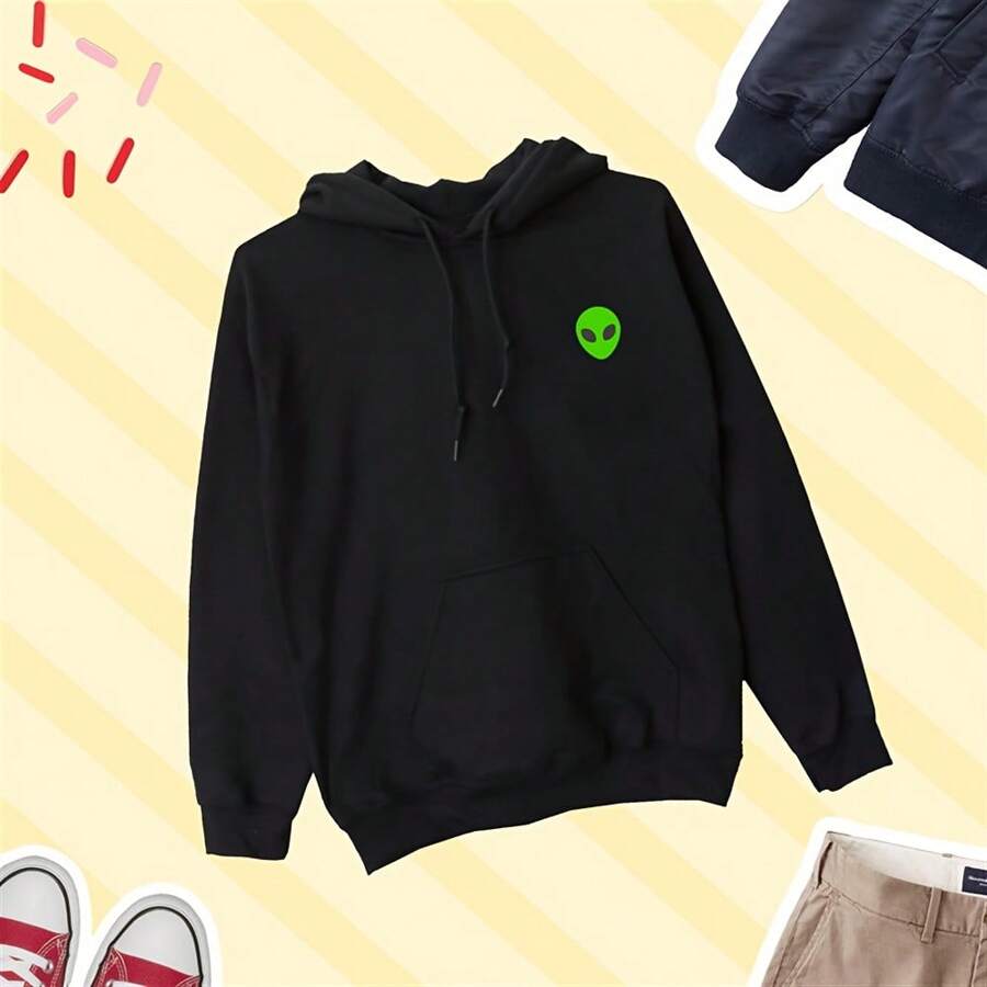 Alien Hoodie, Cute Alien Icon Hoodie, Alien Sweater, Alien Lover Gift, Alien Lover Hoodie Sweater -   ADULTS - màu đen - Xem 1