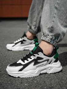 Men's Fashion Versatile Letter Colorblock Lace-Up Casual Sports Shoes, Outdoor Comfortable Couple Mesh Running Sneakers Chunky Sneakers - Black - View 8