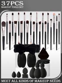 38件套多功能化妆刷套装，包含：1个防水化妆包，20支化妆刷（粉底刷、散粉刷、眉刷、腮红刷、高光刷、眼影刷、睫毛膏刷、眼线刷、轮廓刷、细节刷、鼻影刷、面部刷），3个水滴形美妆蛋，3个美妆蛋。