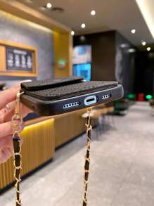 1 Set Black Leather Grain Shoulder Bag With Chain + Black Straight Edge Perforated Anti-Drop Phone Case Compatible With Apple///Redmi//OPPO/VIVO//Transsion