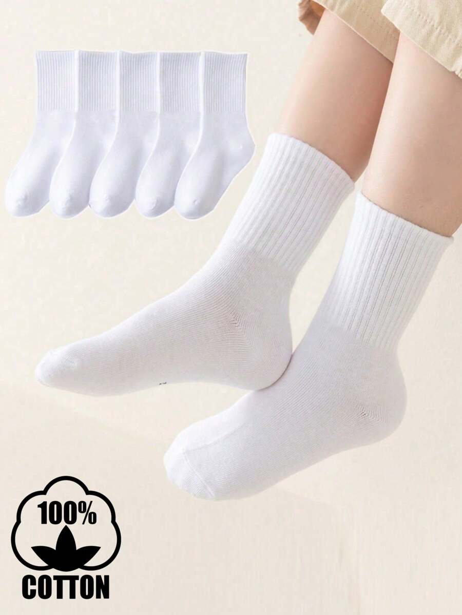 5 Pairs Kids/Youth Cotton Crew Socks, Casual School/Sports Socks, Mid-Calf Length, Spring/Summer - White - View 1