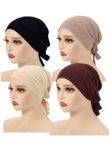 4pcs Women Plain Elastic Band Headscarf Set, Classic Inner Hijab For Multi-Occasion, Versatile Daily Use - 4PCS Strap Caps - View 5