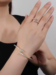 Bộ trang sức vòng tay & nhẫn 2 cái/bộ có thể điều chỉnh, đính đá Zirconia lớn rực rỡ, thiết kế trang nhã và thời trang, thích hợp làm quà tặng cho phụ nữ đeo trong cuộc sống hàng ngày và ngày lễ. - Bạc - Xem 9