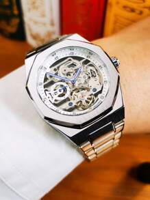 FORSINING 1pc Heren Luxe Tourbillon Skeleton Automatische Mechanische Horloges Roestvrijstalen Band Iced Out Wijzerplaat Lichtgevende Wijzers Mode Zakelijke Casual Heren Horloge Geschenken