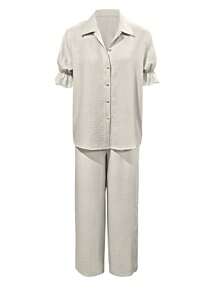 Women 2Pcs Set Elegant Commuter Outfit Beige Short Puff Sleeve Button Top & Solid Color Pants, Spring/Summer - Light Grey - View 2