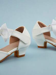 1 双儿童/幼儿蝴蝶结 PU 皮革高跟鞋前扣后开白色优雅时尚百搭公主派对钢琴表演鞋，适合春季、夏季、秋季 - 白色 - 查看 6