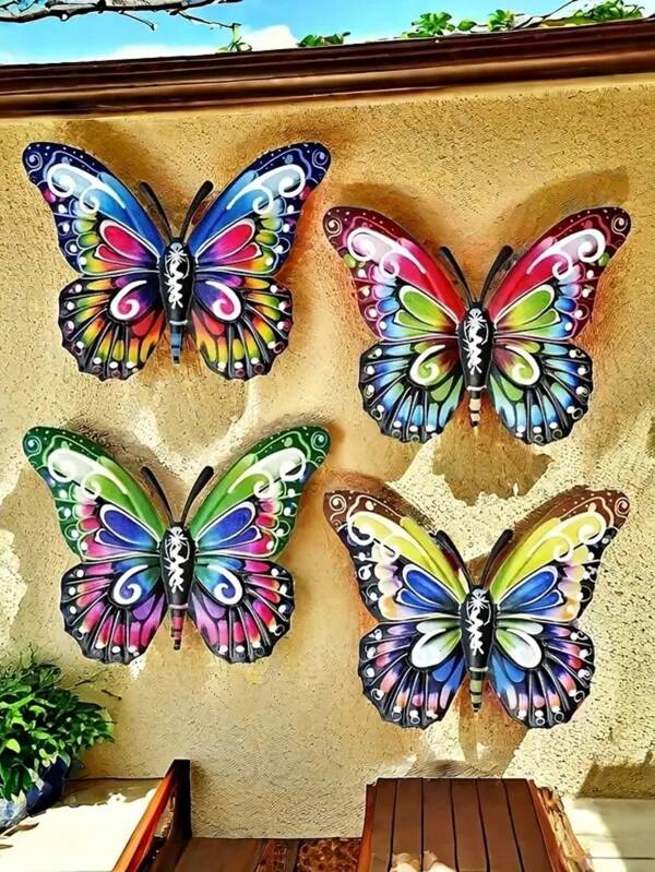 4pcs Vibrant Metal Butterfly Wall Art Decor, Handmade Iron Butterfly Sculptures, Suitable For Living Room And Outdoor Spaces, Garden Decor, Colorful 3D Metal Wall Hangings