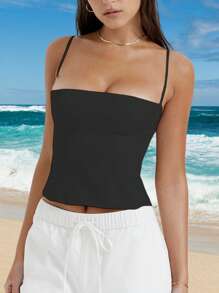 Women's Y2k Fitted Crop Cami Tops Spaghetti Strap Sleeveless Backless Sexy Square Neck Tank Tops Summer Going Out Tops Clubwear Casual Camisole - Black - View 3