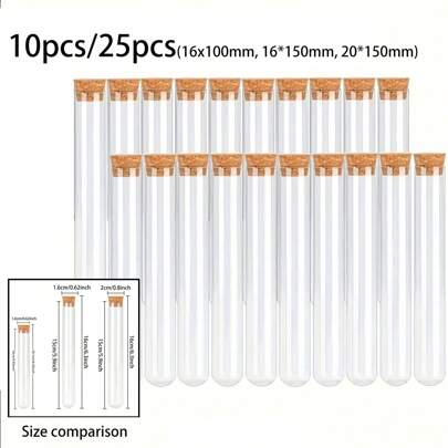 10/25 件 20x150mm、16x150mm、16x100mm 塑料试管带软木塞透明浴盐管口香糖管容器小瓶用于科学实验派对装饰糖果储存