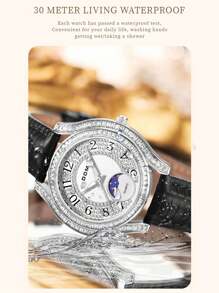 DOM 1 件时尚女士水钻镶嵌昼夜发光珍珠贝母表盘皮革表带防水腕表 - 銀色 - 查看 9