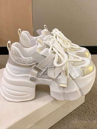 2025 Lente/Herfst Nieuwe Dames Strass Versierde Dikke Zool Sportschoenen, Modieuze Casual Sneakers, Verhoogd Binnenzoolontwerp