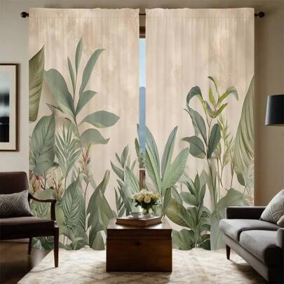 2pcs Tropical Rainforest Style, Green Leaves, Fresh Green Atmosphere, 3D Digital Printing, Suitable For Living Room, Bedroom, Study, Creating A Refined And Comfortable Ambiance
