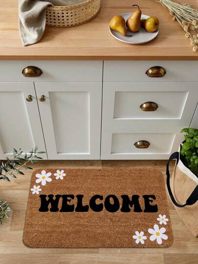 1 件白色花卉和文字图案门垫，柔软水晶天鹅绒矩形防滑吸水地毯，适用于入口、卧室、家庭使用