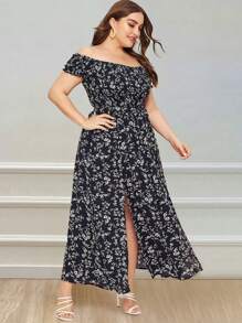 Vestido con hombros descubiertos, vestidos de talla grande para mujer,fruncido y abertura floral en estampado - Azul marino - Ver 5