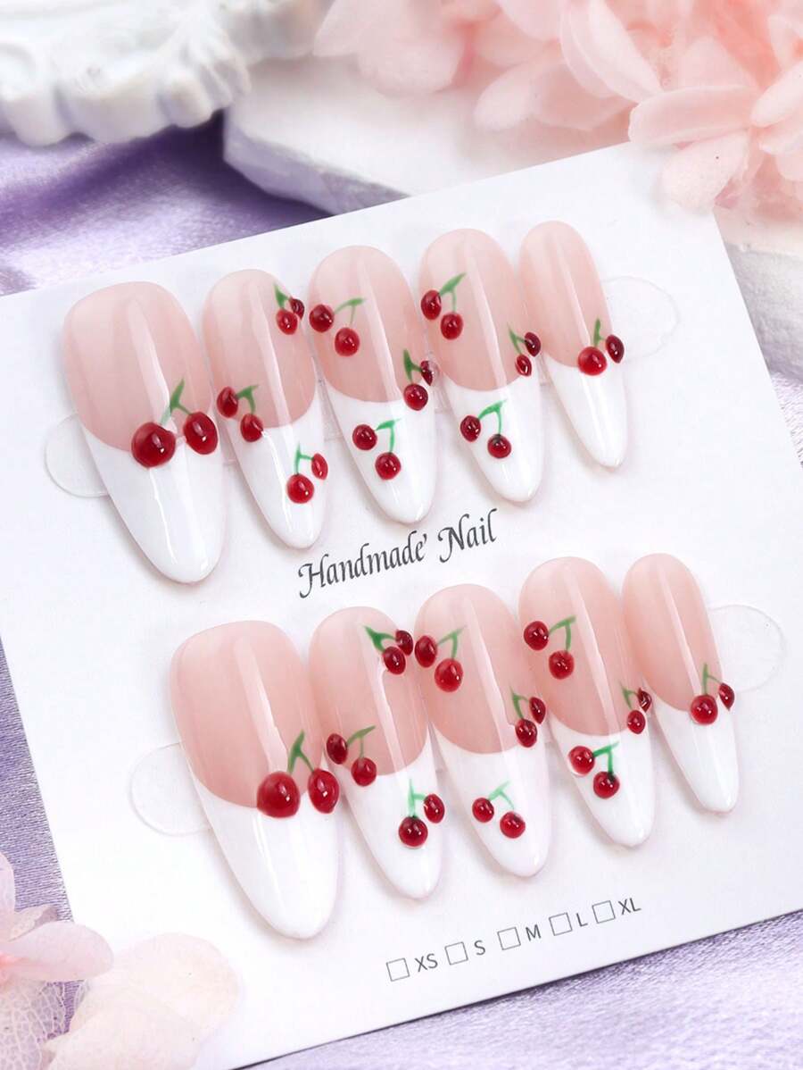 10 piezas Uñas postizas con patrón de cerezas lindas, adecuado para fiestas y viajes, versión de primavera - Rojo y blanco - Ver 1