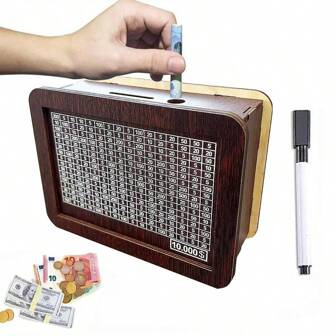 1 pezzo Salvadanaio a forma di maialino in legno, Salvadanaio con banconote da 10.000 dollari, Salvadanaio per il budget, Salvadanaio magico per risparmiare monete, Salvadanaio con contatore