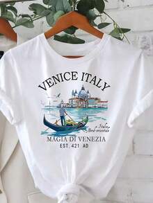 Venice Italy City Printed Women Casual Round Neck Short Sleeve T-Shirt - White - View 1