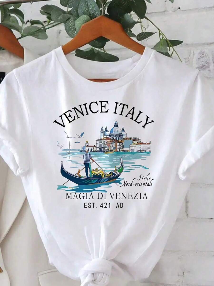Venice Italy City Printed Women Casual Round Neck Short Sleeve T-Shirt - White - View 1