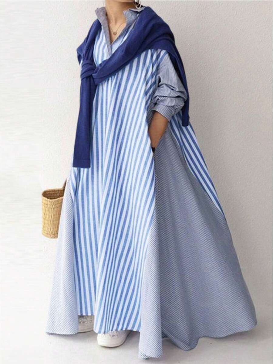 Plus Size Lapel Striped Stitching Long Sleeve Casual Shirt Dress - 藍色 - 查看 1