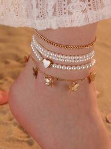 5pcs Luxurious Faux Pearl & Bead Butterfly, Heart Pendant Multilayer Anklet For Teens & Kids, Casual & Holiday