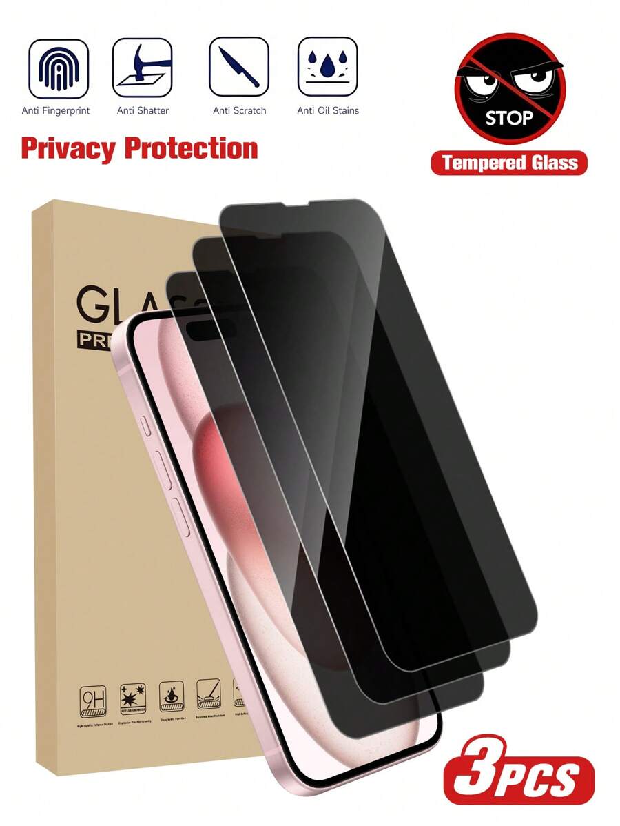 3pcs Privacy Screen Protector, Compatible With Apple 17/17Pro/17Promax/16 Promax, Anti-Peeping Tempered Glass Protective Case, Anti-Scratch, Anti-Shock, Anti-Oil, Anti-Fingerprint Coating