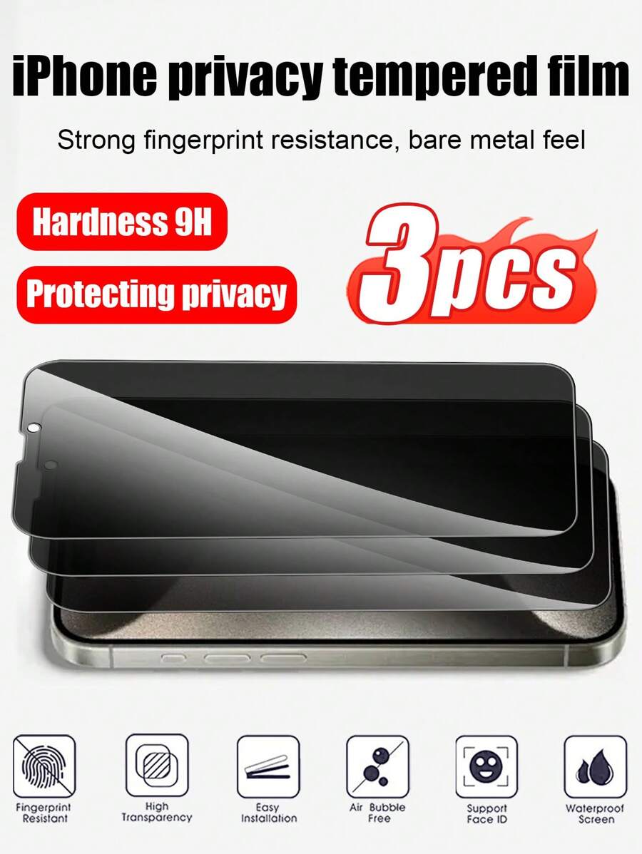 3pcs Tempered Glass Screen Protector, Privacy Protection, Anti-Scratch, Anti-Fingerprint, Anti-Oil, High Strength, Compatible With IPhone 11/12/13/14/15/16 Pro Max Plus X/XS/XR Series - Black - View 1