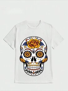 Sports Tee Day Of The Dead Sugar Skull Beach Skull, Woman S, Marine Casual Digital Print Pure Heavy 100% Cotton T Shirt