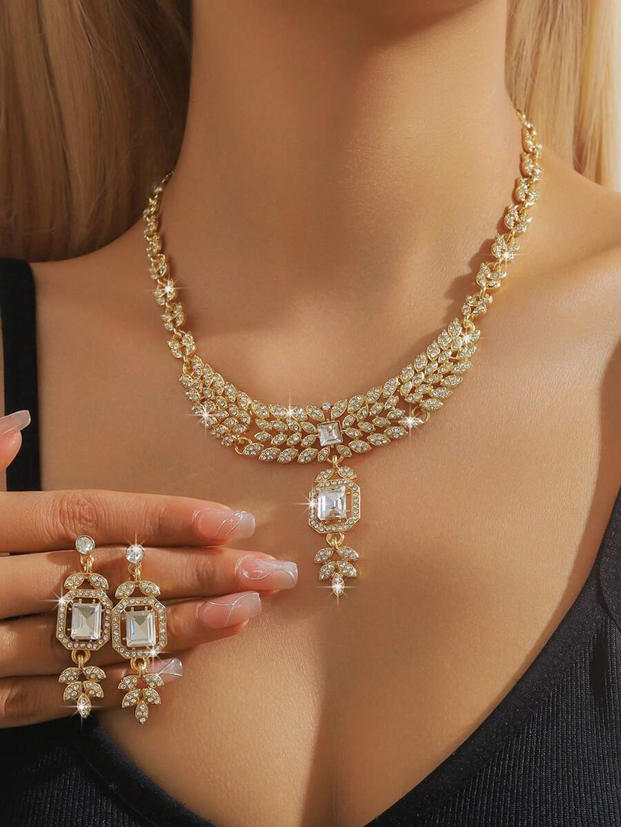 3pcs Luxurious & Elegant Full Rhinestone Leaf Design Jewelry Set, Wedding, Party, Holiday Gift - Multicolor - View 1