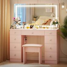 VOWNER Makeup Vanity Desk Set With Prower Outlet & LED Lighted Mirror, Brightness & Lighting Color Adjustable, Come With Stool, 9 Drawers For Storage, Vanity Table For Girls Women, Halloween & Thanksgiving - Hồng - Xem 6