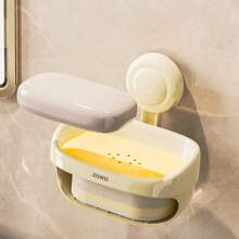 1pc Suction Cup Double Decker Soap Dish, Wall Mounted Drainage Soap Holder Bathroom Shelf No-Drill
