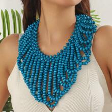 Handwoven Wood Bead V-Shaped Necklace, Exaggerated African Bridal Accessory, Party Decoration, Factory Outlet, Natural Wood Beads, Slight Defects, Occasional Color Difference, Not Seconds, Caution For Those Seeking Perfection