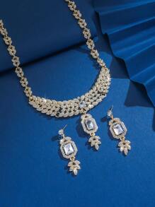 3pcs Luxurious & Elegant Full Rhinestone Leaf Design Jewelry Set, Wedding, Party, Holiday Gift - Multicolor - View 5