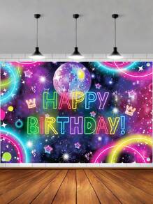 1 件 100*150 厘米霓虹荧光旗风格背景布，荧光球生日快乐横幅派对房间墙壁派对装饰背景布横幅，复古迪斯科派对背景围栏装饰，摄影道具