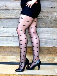 1 双女士圆点透明丝袜，轻盈，性感，学生风格，黑色，春夏