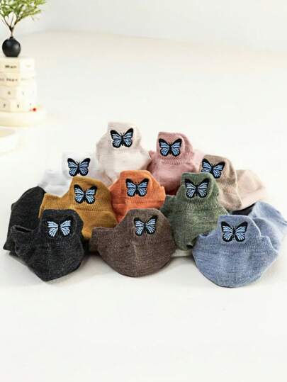 10 双女式高跟加固蝴蝶刺绣休闲个性化吸湿排汗短袜，女士踝袜
