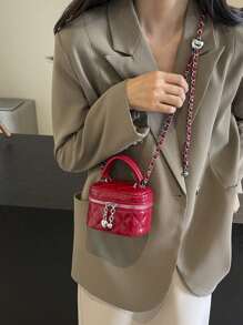 1pc Women Mini Handbag, Fashion Solid Color Embroidered Rhombus Pattern Shoulder Bag, Suitable For Cards & Keys